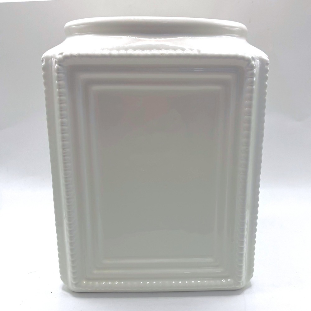 THL Ceramic Utensil Holder White Square Beaded Farmhouse Crock Silver Label - Picture 2 of 7